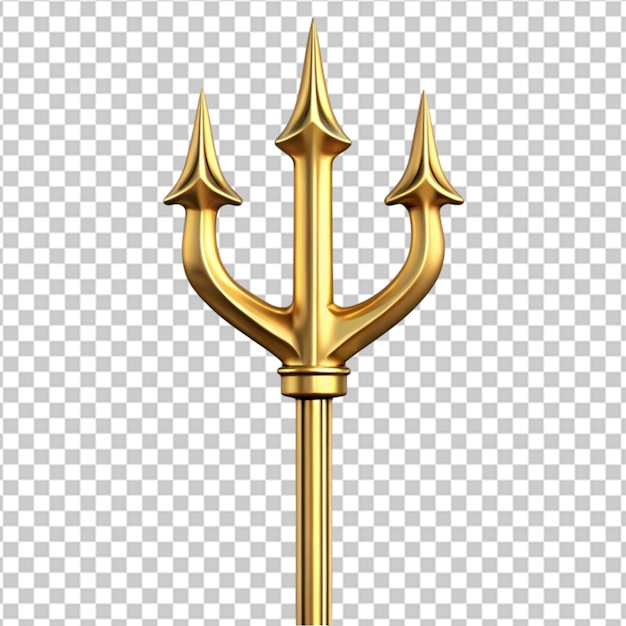 A golden trident with a gold handle and a gold tip on transparent background