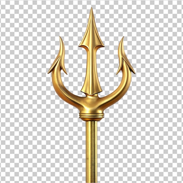 A golden trident with a gold handle and a gold tip on transparent background