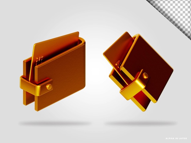 Golden wallet 3d render illustration isolated