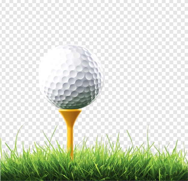 Golf ball on tee in grass isolated on a transparent background