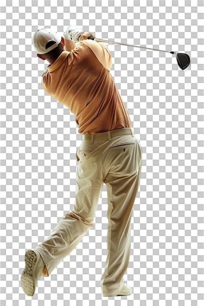 PSD golf player swinging alone against transparent background