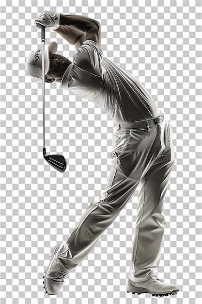 PSD golf player swinging alone against transparent background