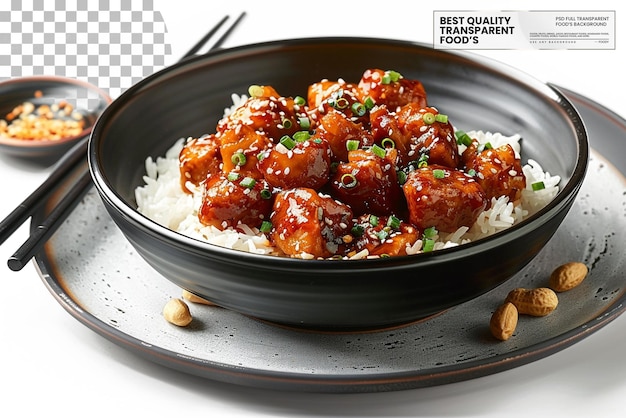 PSD gong bao ji ding chicken served in a black bowl on transparent background