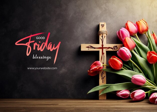 Good Friday concept Christian cross adorned with tulips