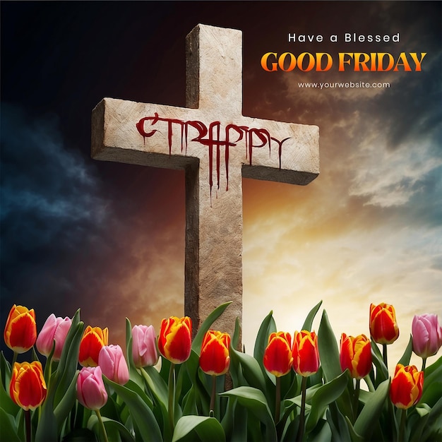 Good Friday concept Christian cross adorned with tulips