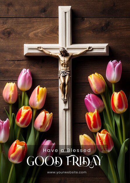 Good Friday concept Christian cross adorned with tulips