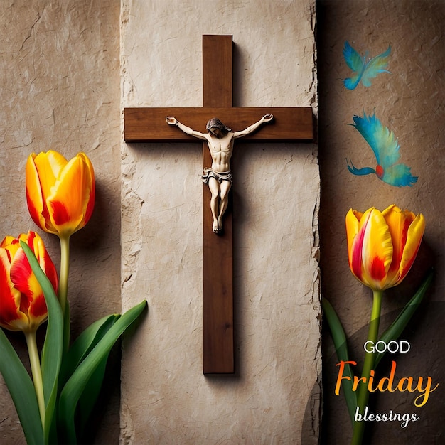 Good Friday concept Christian cross adorned with tulips