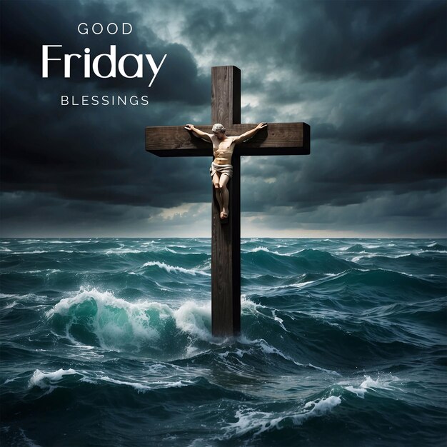 Good Friday concept Christian cross against a stormy sea