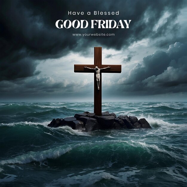 Good Friday concept Christian cross against a stormy sea