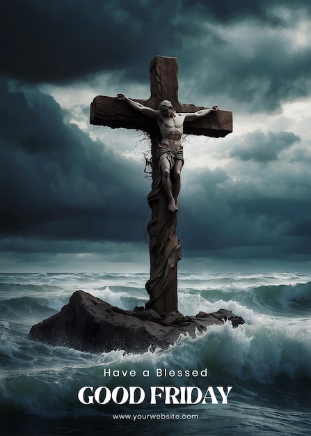 Good Friday concept Christian cross against a stormy sea