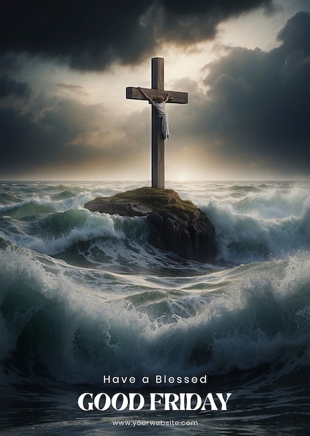 Good Friday concept Christian cross against a stormy sea