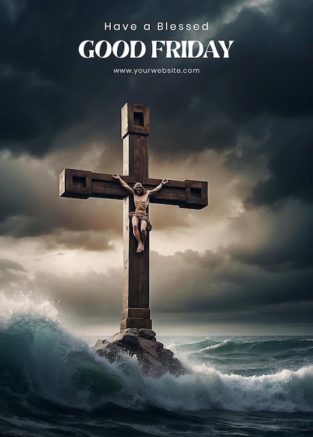 Good Friday concept Christian cross against a stormy sea