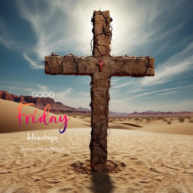 Good Friday concept Christian cross in a barren desert representing the desolation