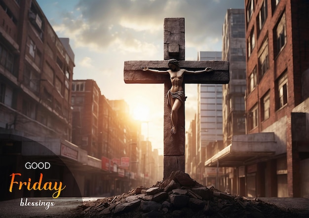 Good Friday concept Christian cross in a cityscape