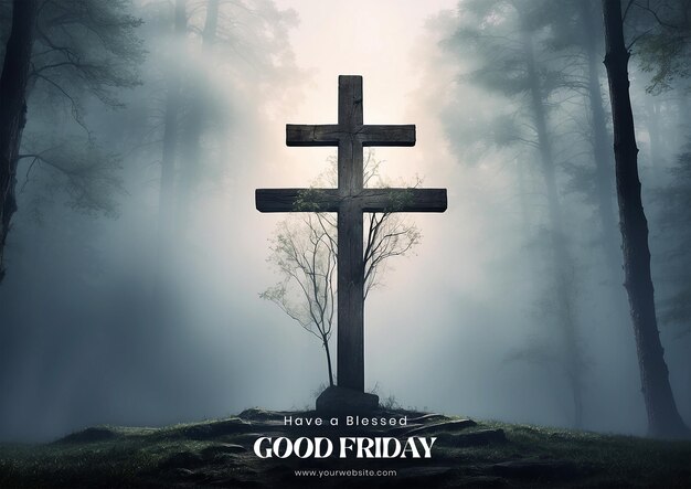 PSD good friday concept christian cross enveloped by a misty forest symbolizing the divine mystery