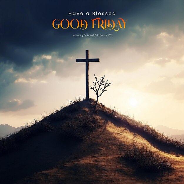 PSD good friday concept christian cross on a hill surrounded by thorns and shadows on sky background