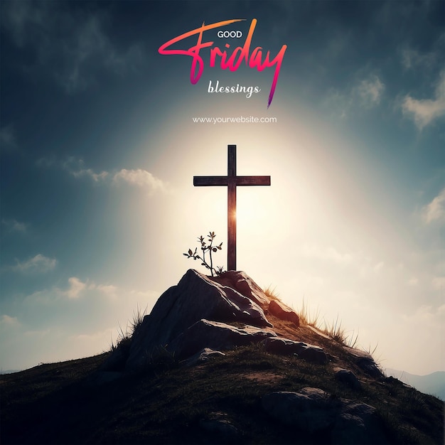 Good Friday concept Christian cross on a hill surrounded by thorns and shadows on sky background