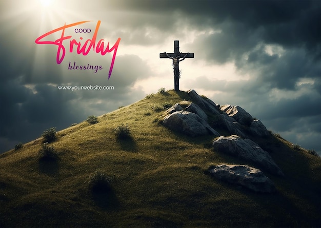 Good Friday concept Christian cross on a hill surrounded by thorns and shadows on sky background