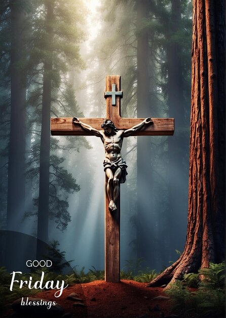 PSD good friday concept christian cross nestled among towering redwood trees