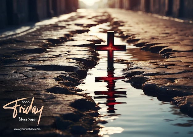 Good Friday concept Christian cross reflected in water portraying the emotional impact