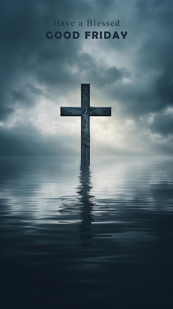 good friday concept christian cross submerged in a tranquil lake symbolizing baptism and rebirth