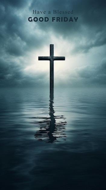 PSD good friday concept christian cross submerged in a tranquil lake symbolizing baptism and rebirth