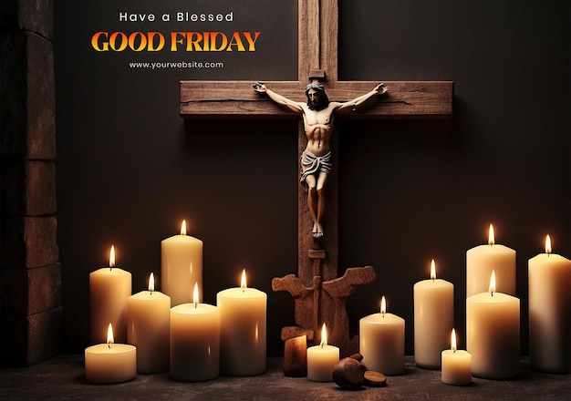 Good Friday concept Christian cross surrounded by candles creating a sacred atmosphere