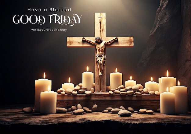 Good Friday concept Christian cross surrounded by candles creating a sacred atmosphere