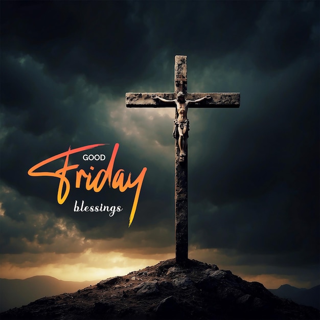 Good Friday concept solemn Christian cross stands against a darkened sky