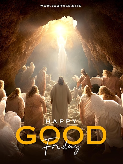 Good friday poster with background Jesus Christ coming out of cave and under people