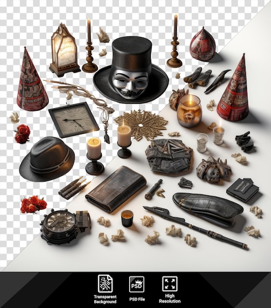 good guy fawkes day set up featuring a black hat clock and candle on a transparent background