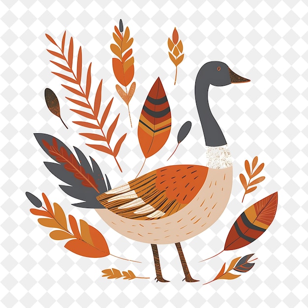 a goose with a bird on its back and a pattern of leaves and plants