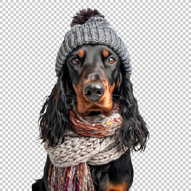 Gordon Setter dog in knitted hat and scarf isolated on transparent background