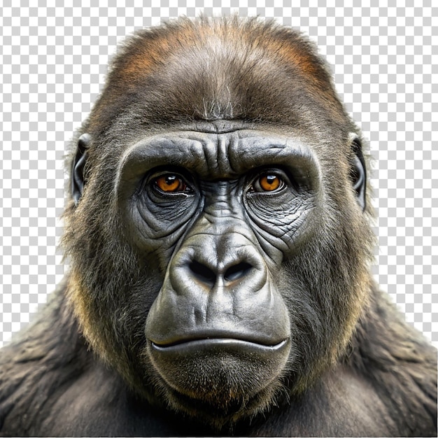 Gorilla face close up on transparent background