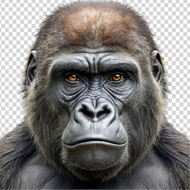 Gorilla face close up on transparent background