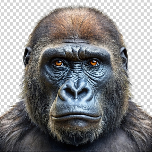 Gorilla face close up on transparent background