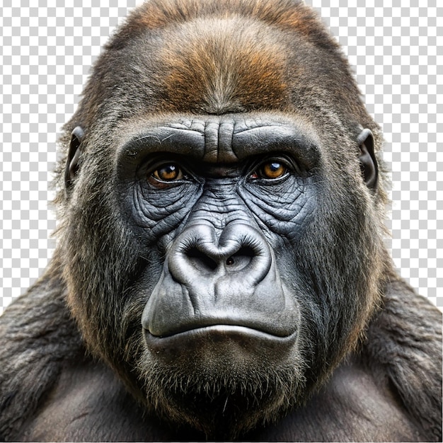 Gorilla face close up on transparent background