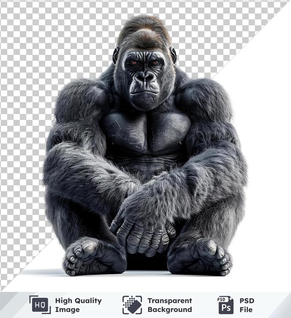 PSD gorilla set with black arm brown eye black nose on transparent background with monkey in background