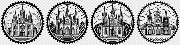 PSD gothic church round postage stamp isolated on transparent background png file