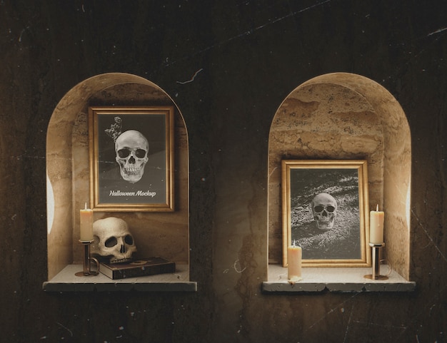 Gothic horror skull portraits in mock-up frames