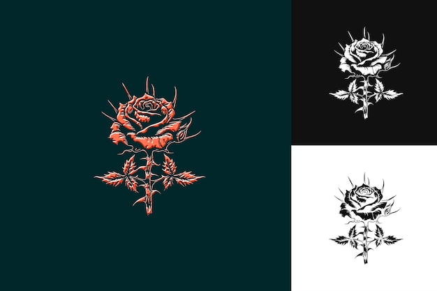 PSD gothic rose logo with thorns and a skull for decorations wit abstract vector design collections