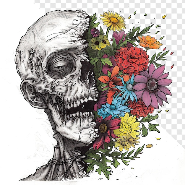 Gothic Style Half Cured Zombie with Colorful Flowers Drawing with Transparent Background