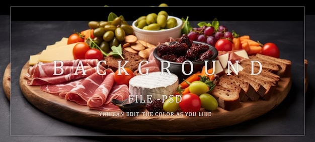 PSD gourmet appetizer board with cheese meat fruit and bread