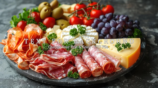 PSD gourmet cheese and salami platter with grapes and olives