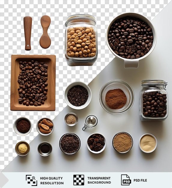 PSD gourmet coffee roasting set featuring a variety of bowls and spoons including a small white bowl a brown bowl and a silver spoon arranged on a transparent background png psd