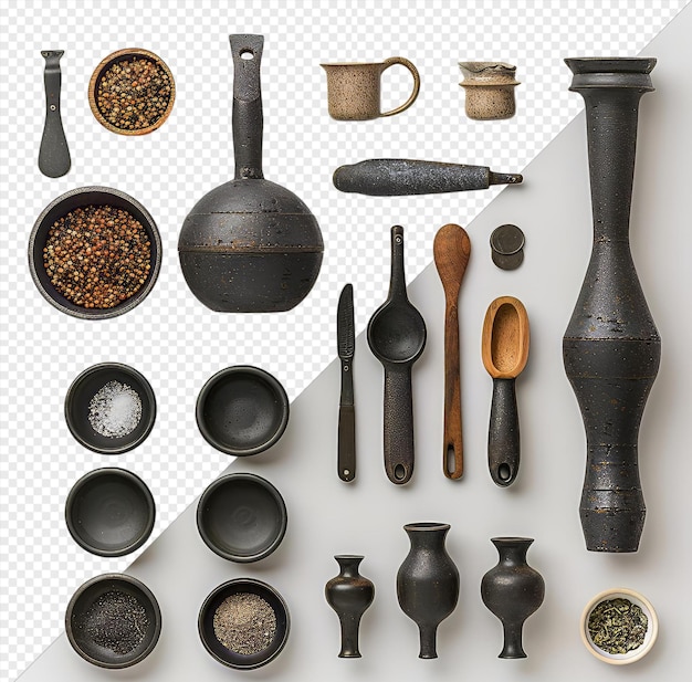 gourmet persian cooking set featuring black and brown bowls a wood spoon and a brown and wood spoon displayed on a transparent background