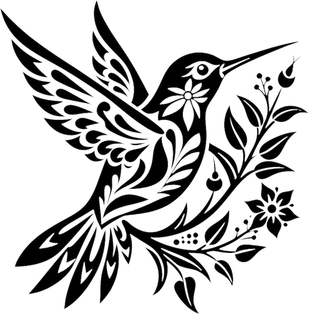 Graceful hummingbird hovers amid intricate floral design stencil