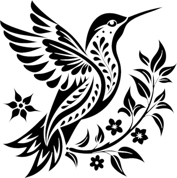 Graceful hummingbird hovers amid intricate floral design stencil