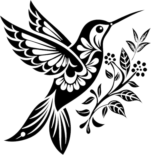 PSD graceful hummingbird hovers amid intricate floral design stencil