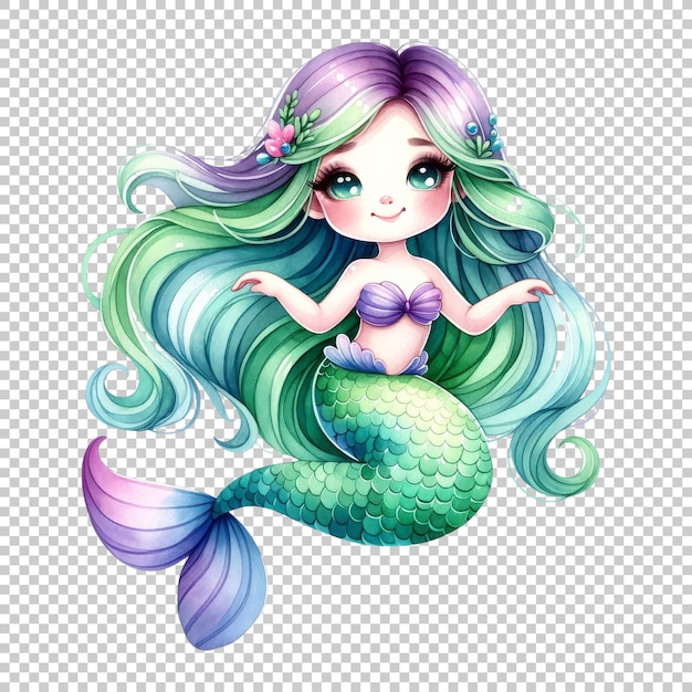 Graceful mermaid with flowing green hair isolated on transparent background